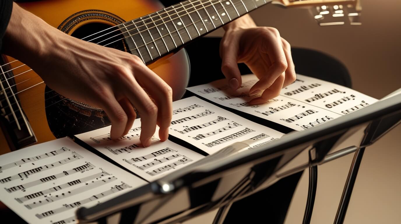 Guitarist reading tabs and sheet music on a music stand.