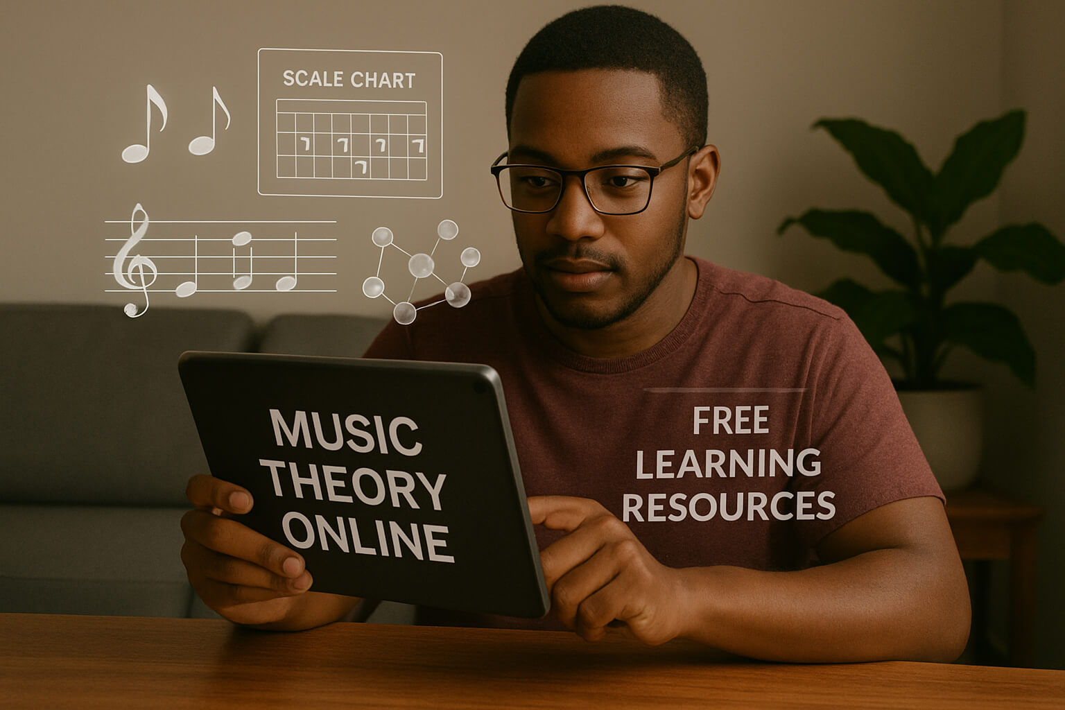 Musician learning music theory online with interactive visual guides, representing top free websites for learning music theory.
