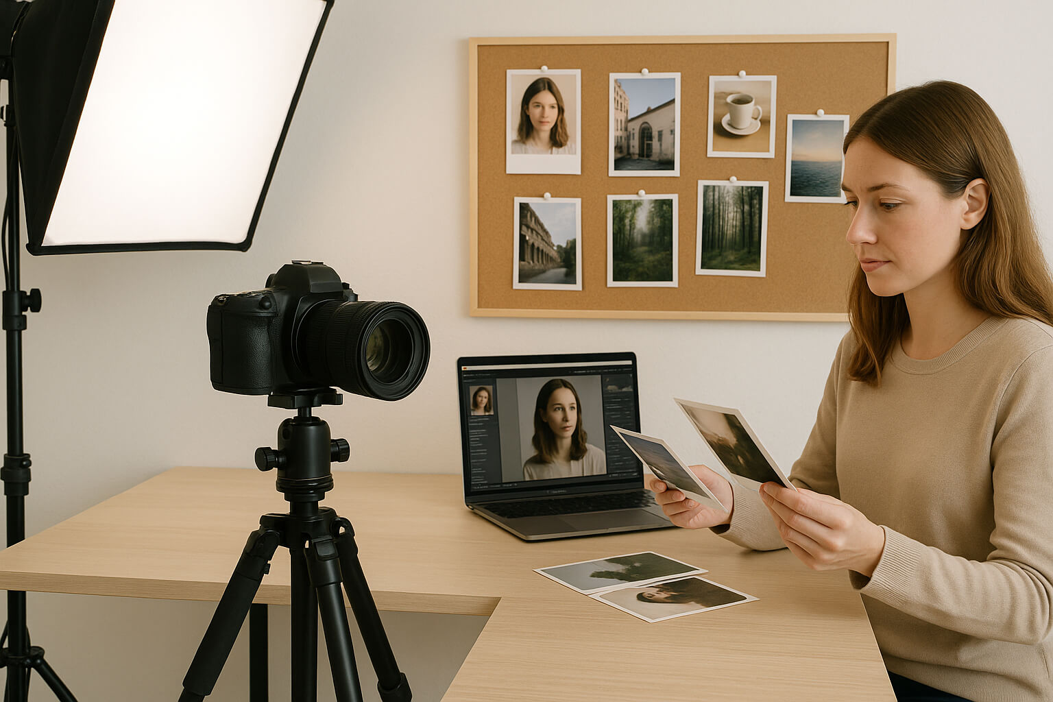 Female photographer reviewing prints in a modern home studio with DSLR camera, soft lighting, and editing setup