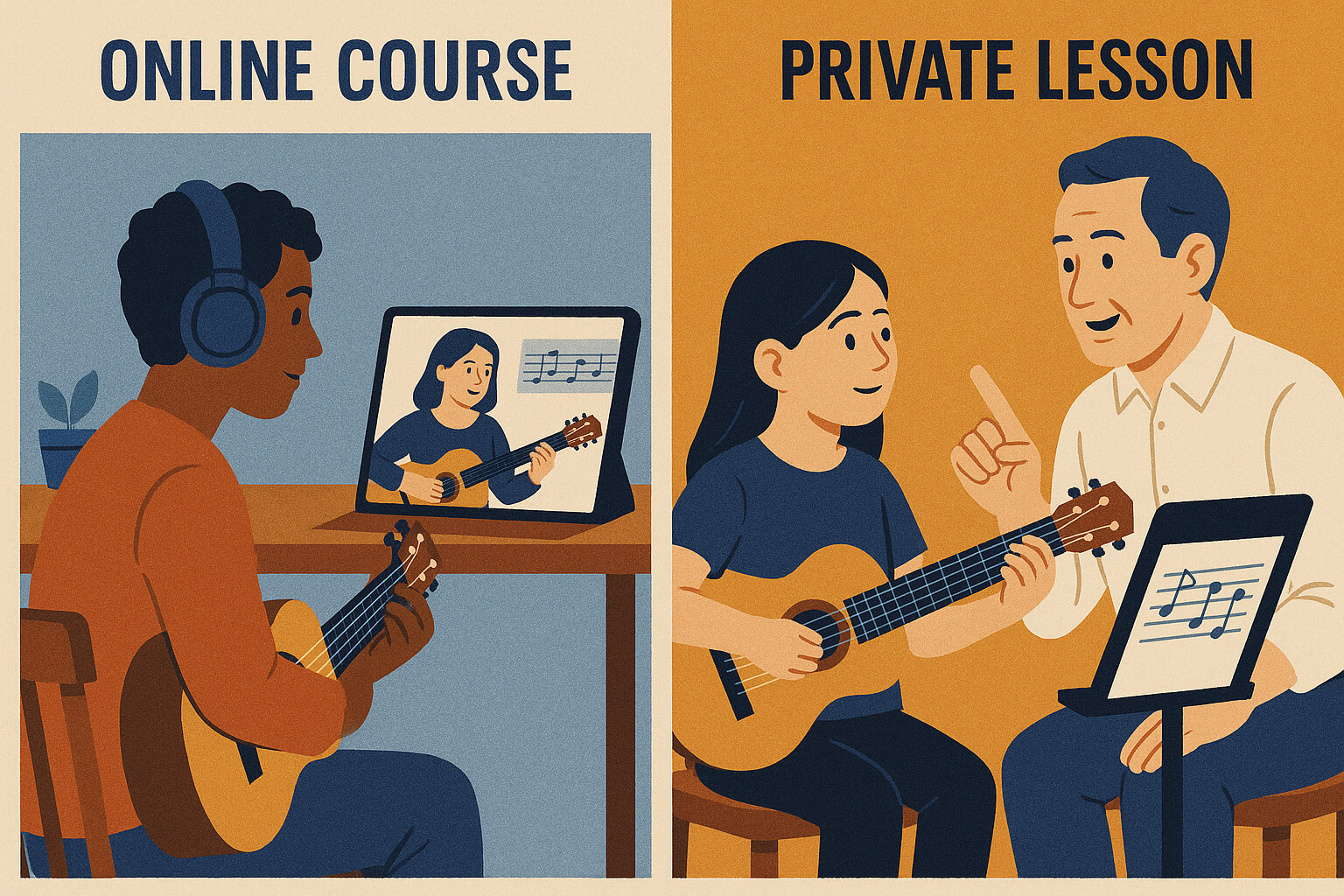 Visual comparison of a musician learning through an online course versus receiving personalized instruction in a private lesson.