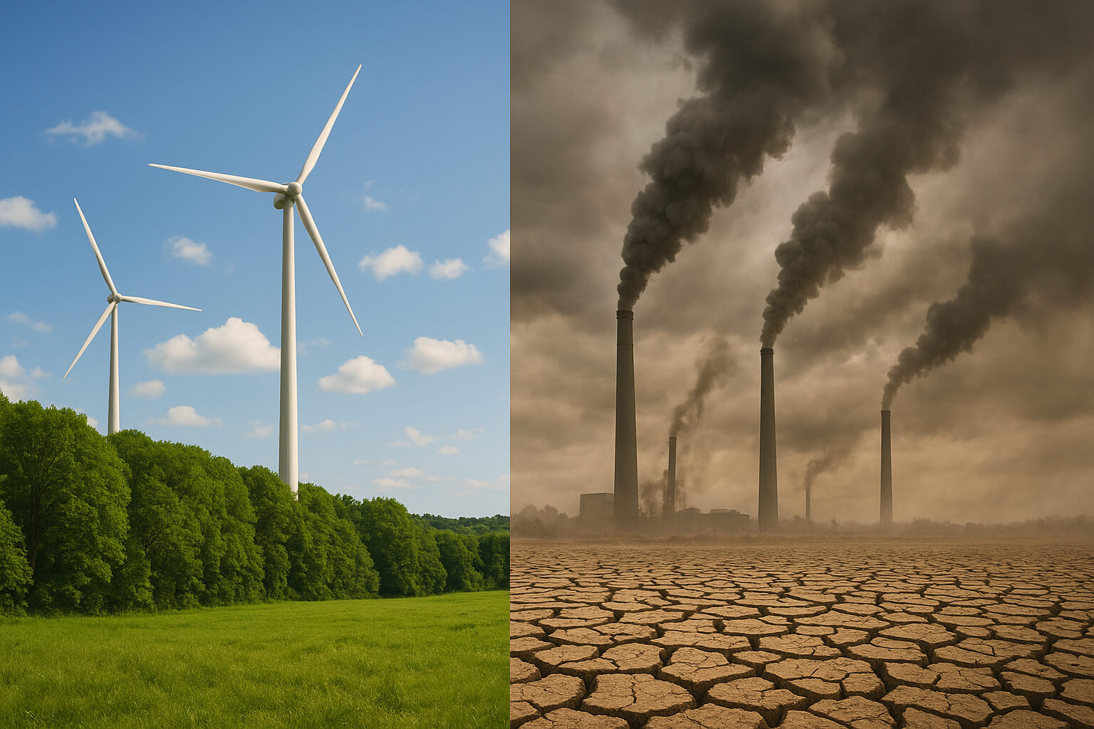 A split landscape showing healthy green forests with wind turbines on one side and dry cracked land with pollution on the other, symbolizing the impact of climate change.