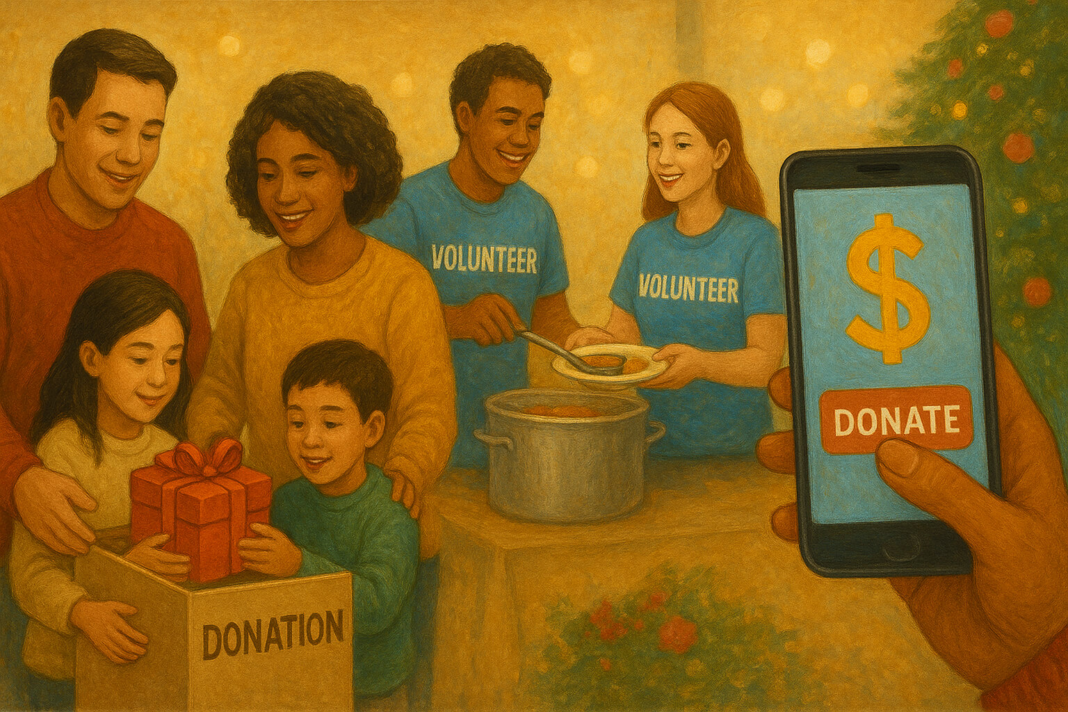 Volunteers and families giving donations during the holiday giving season, symbolizing generosity and impact.