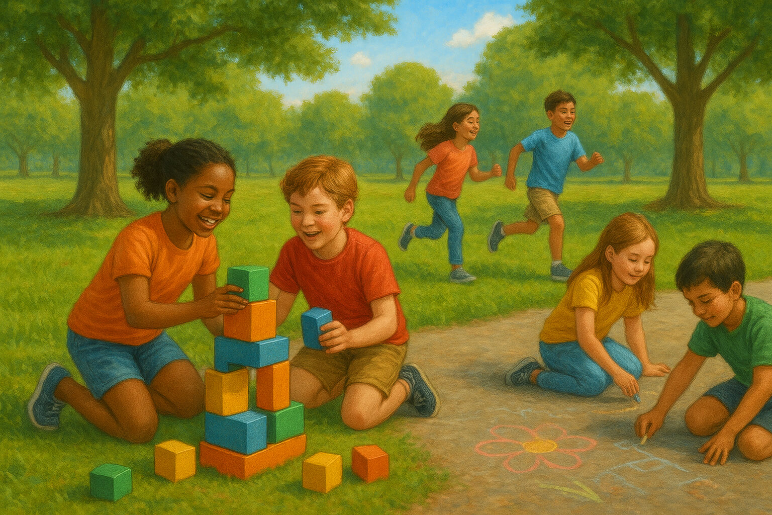 Children playing together outdoors, engaging in creative and physical activities that support learning and development.
