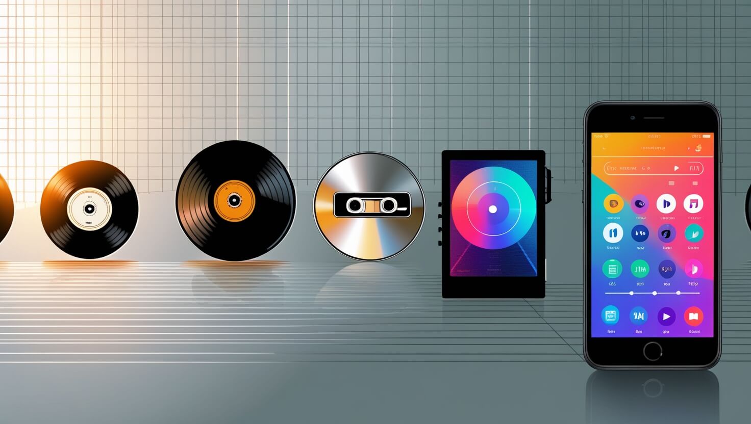 Illustration showing the evolution of music formats from CDs to streaming platforms on mobile devices.