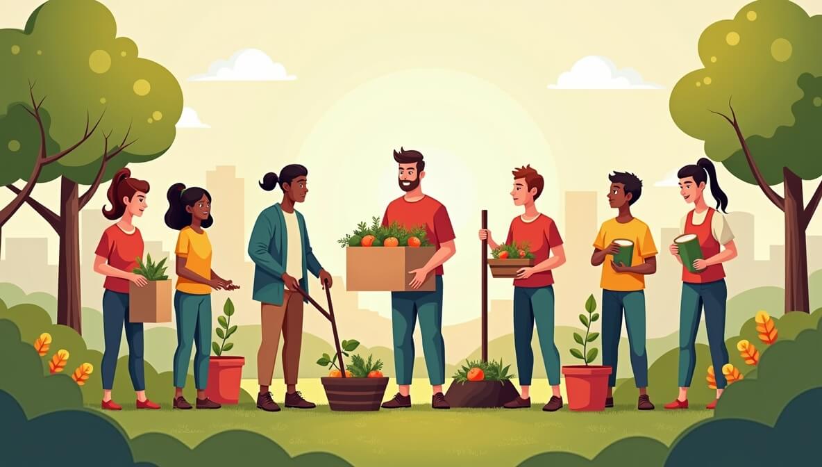 Volunteers from diverse backgrounds giving back to the community through service projects like food drives, tree planting, and youth mentorship.
