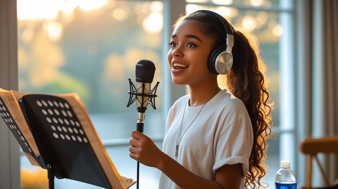 Beginner singer practicing with proper posture and microphone technique.