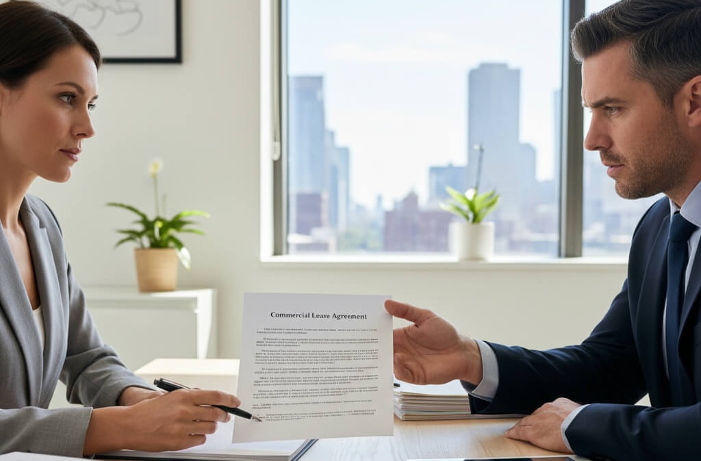 Business owner and lawyer reviewing a commercial lease agreement with legal papers on a modern office desk.
