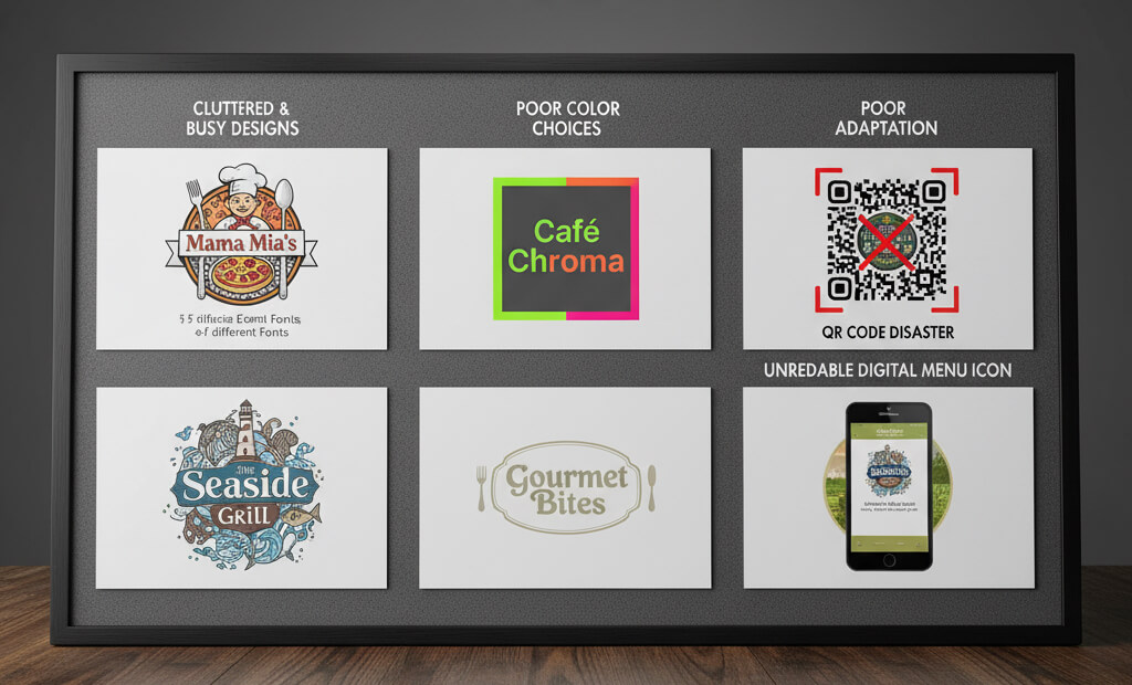 Examples of restaurant logo mistakes including cluttered design, poor colors, and bad QR code integration