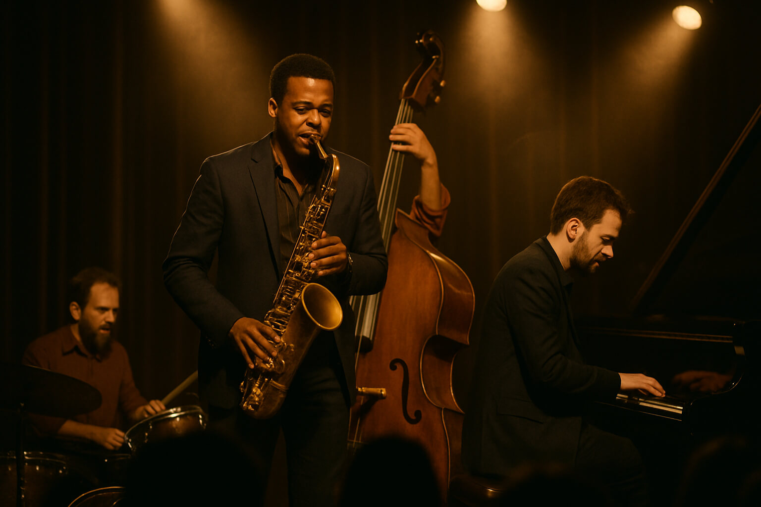 Jazz musicians performing live on stage during an improvised solo section.