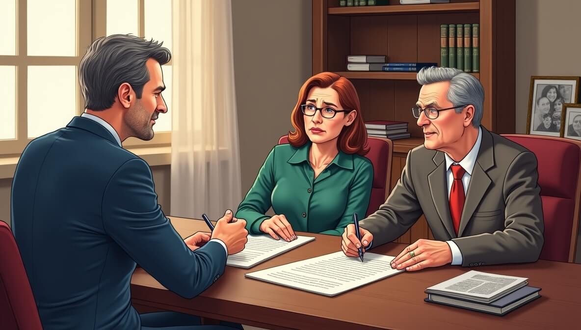 Estate planning attorney explaining the details of an irrevocable trust to a couple.