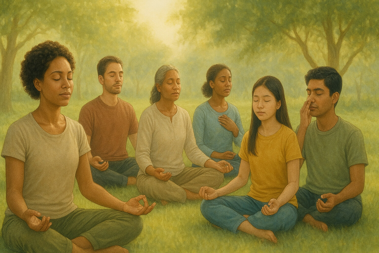 People practicing mindfulness and meditation outdoors in a peaceful natural setting