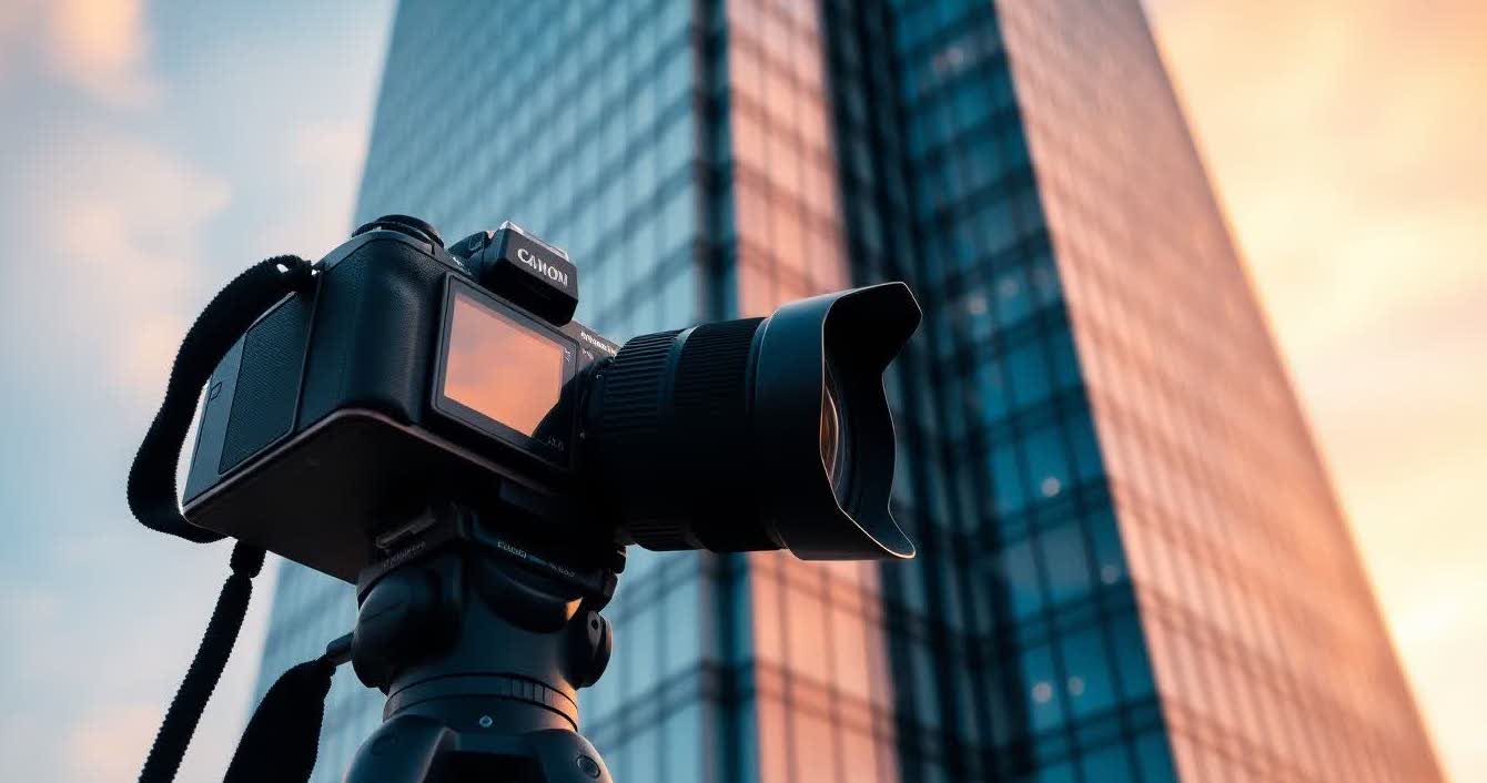 Photographer capturing architecture with tilt-shift lens on tripod during golden hour.