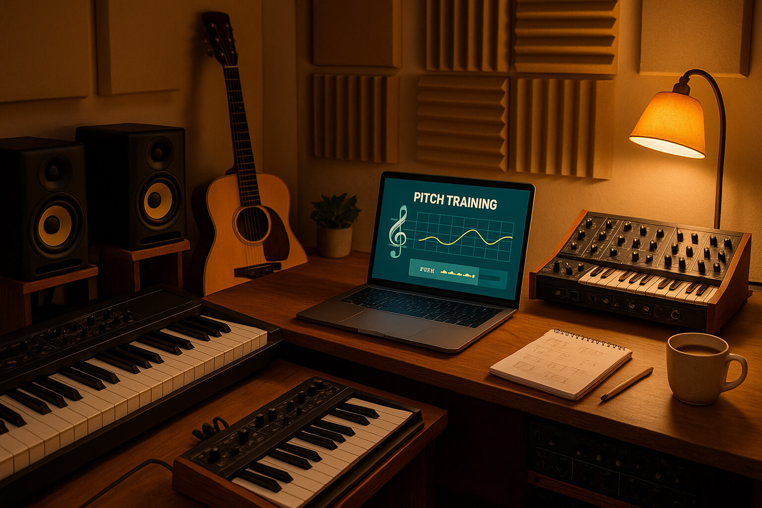 Home music studio with analog and digital synthesizers, a digital piano, and pitch training software open on a laptop screen.