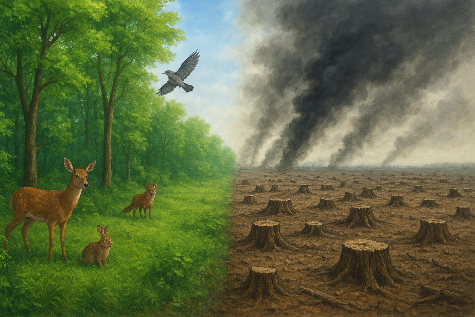 Contrasting image of lush forest beside deforested land, showing environmental impact of deforestation.