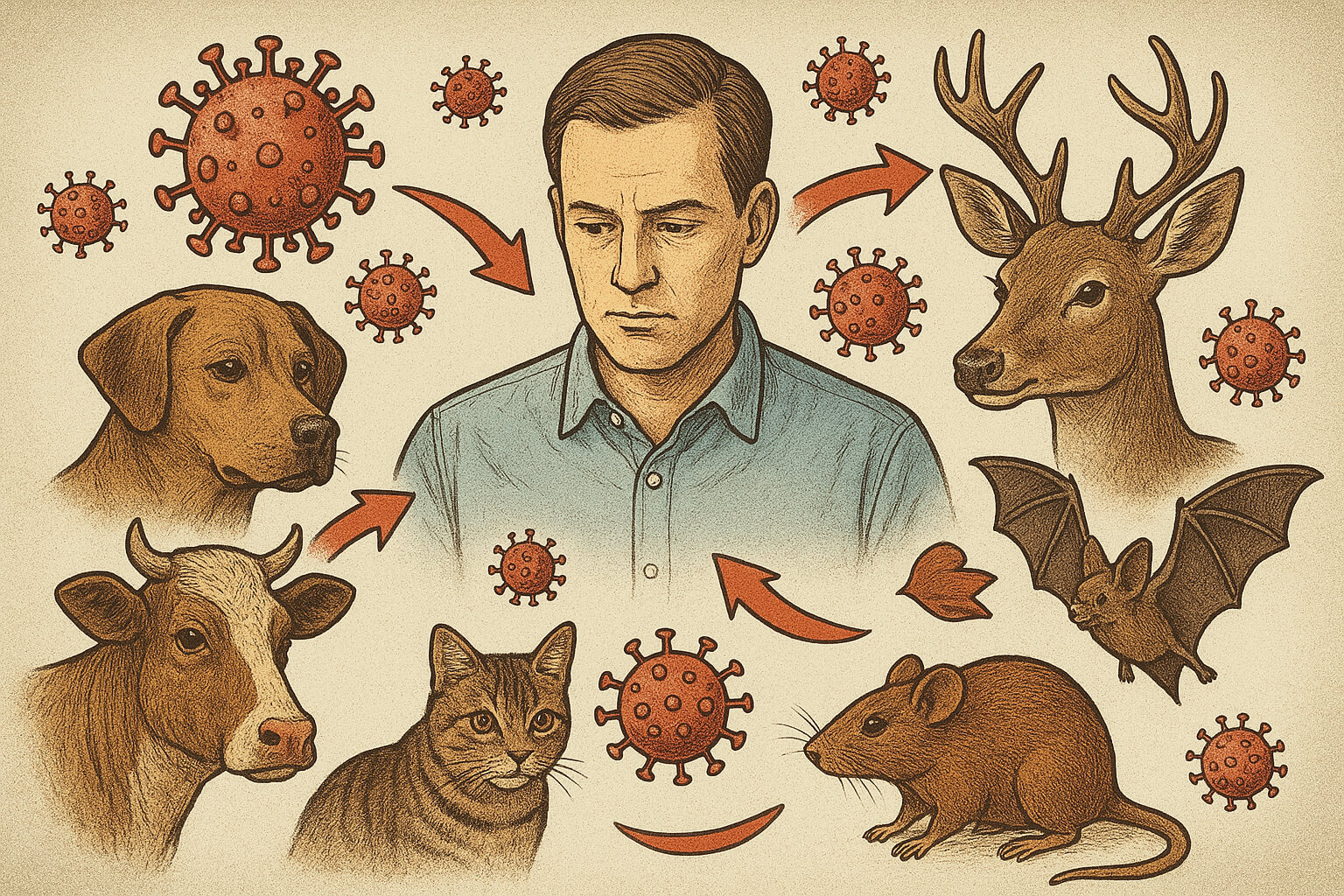 Visual representation of humans, pets, and wildlife connected by virus icons, symbolizing zoonotic disease transmission.