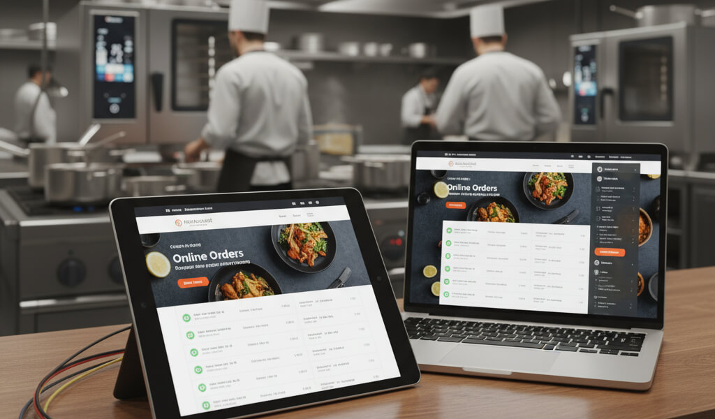 Restaurant POS system synced with website online orders, showing staff processing meals efficiently.