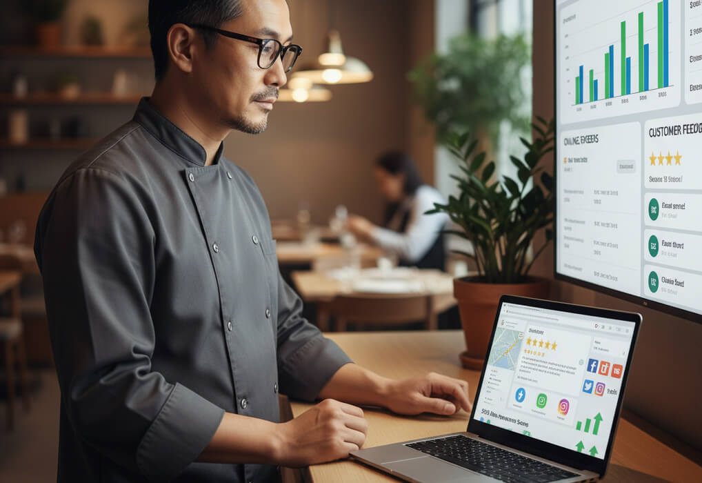 Restaurant owner reviewing online ratings and reviews to improve SEO and attract local customers.