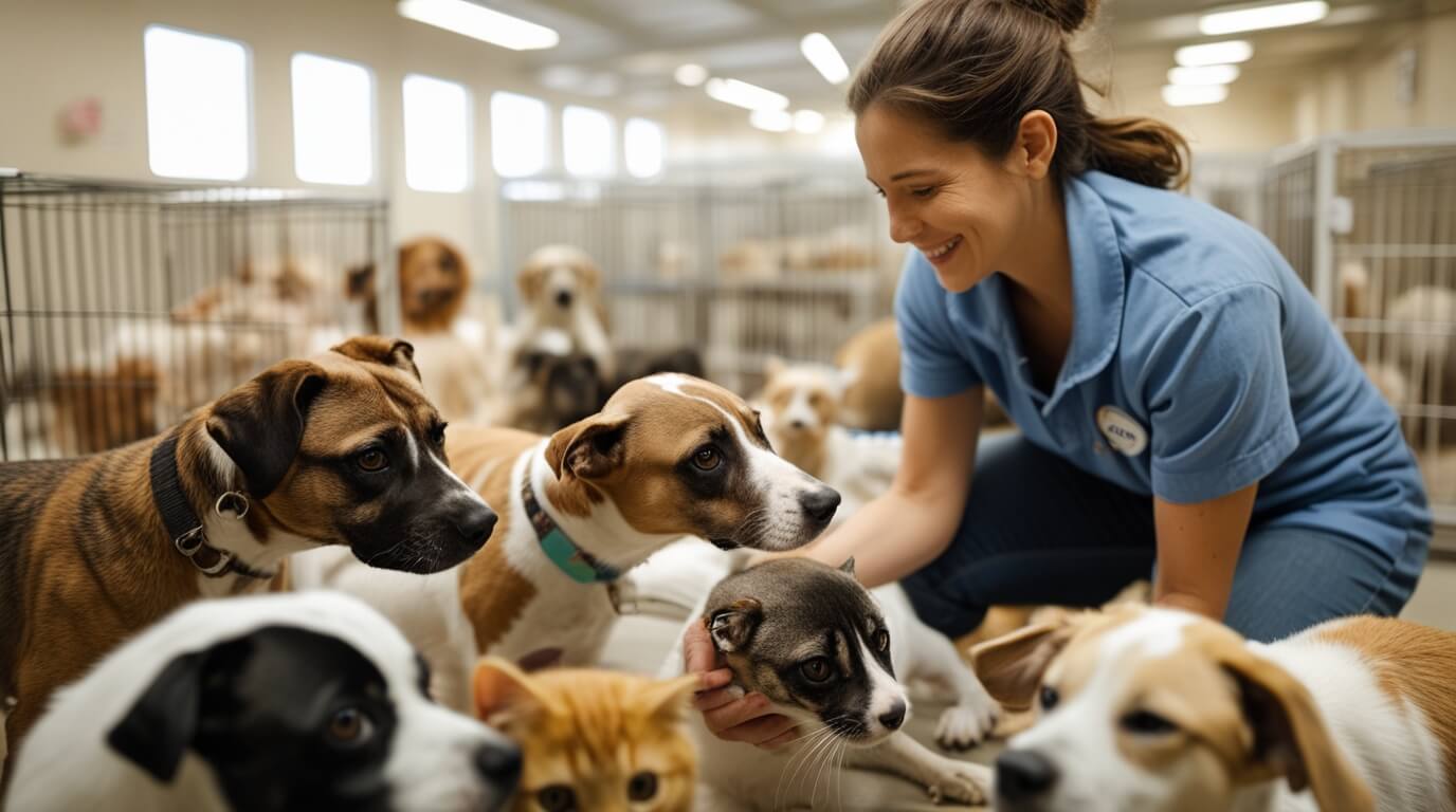Volunteer caring for rescued dogs and cats, showing adoption and compassionate shelter environment.