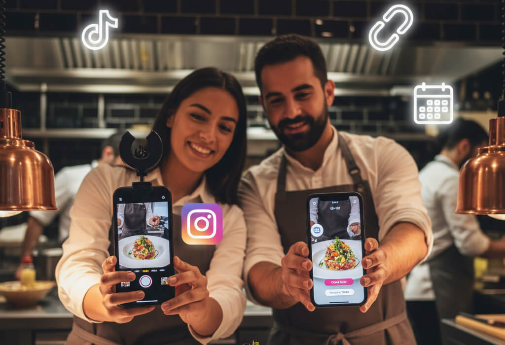 Restaurant staff creating Instagram and TikTok content showcasing dishes and promoting reservations and online orders.