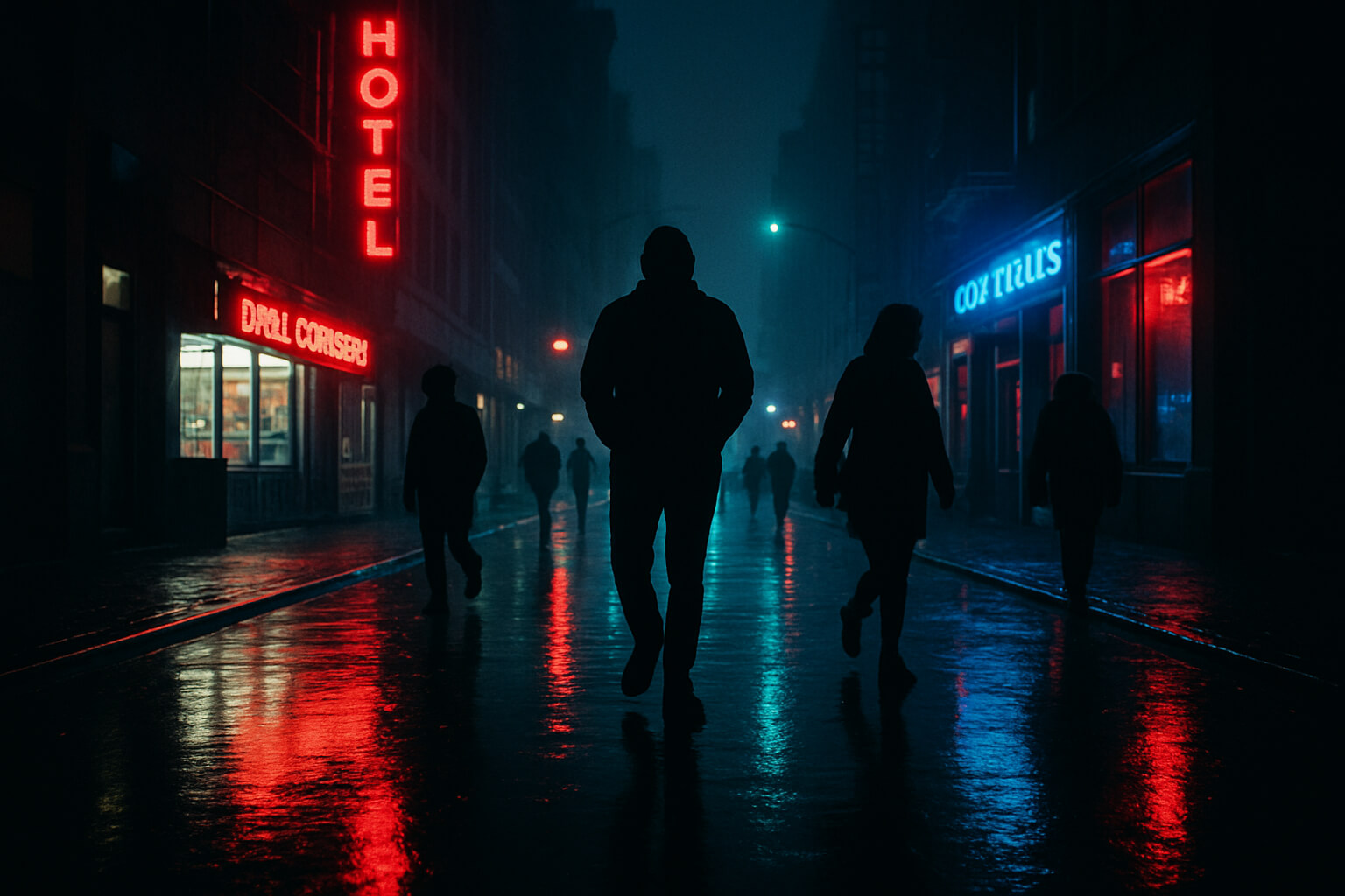 Nighttime street photo with neon reflections on wet pavement and silhouettes of pedestrians.