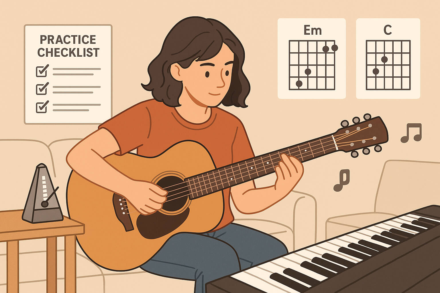 Beginner musician following a structured practice routine at home with chords, songs, and rhythm drills, symbolizing effective learning habits.