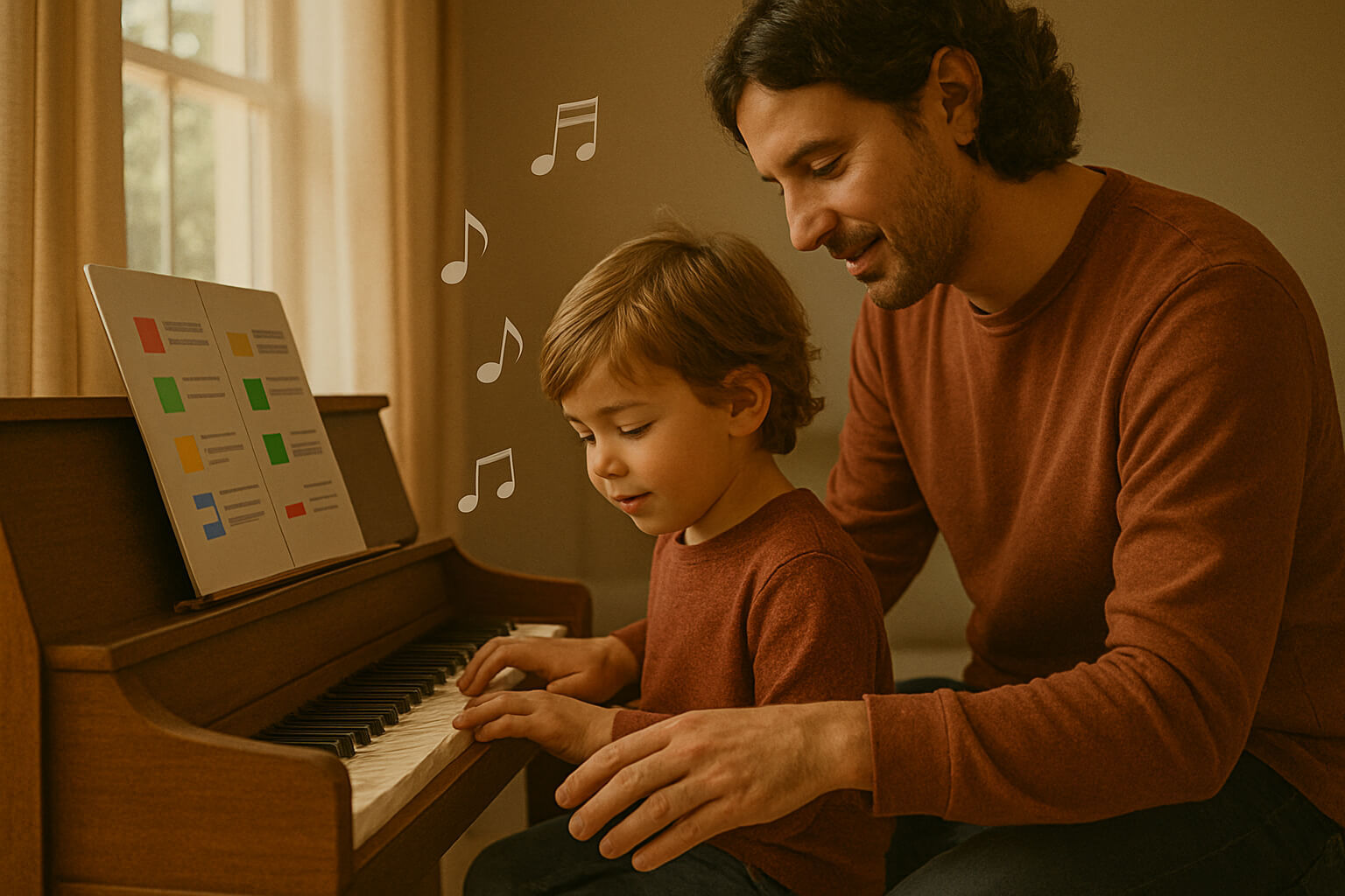 A young child playing piano with guidance from a parent in a cozy home setting.