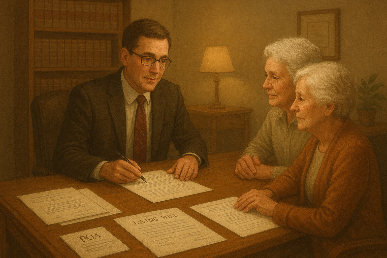 Elder law attorney consulting with an elderly couple about estate and long-term care planning.