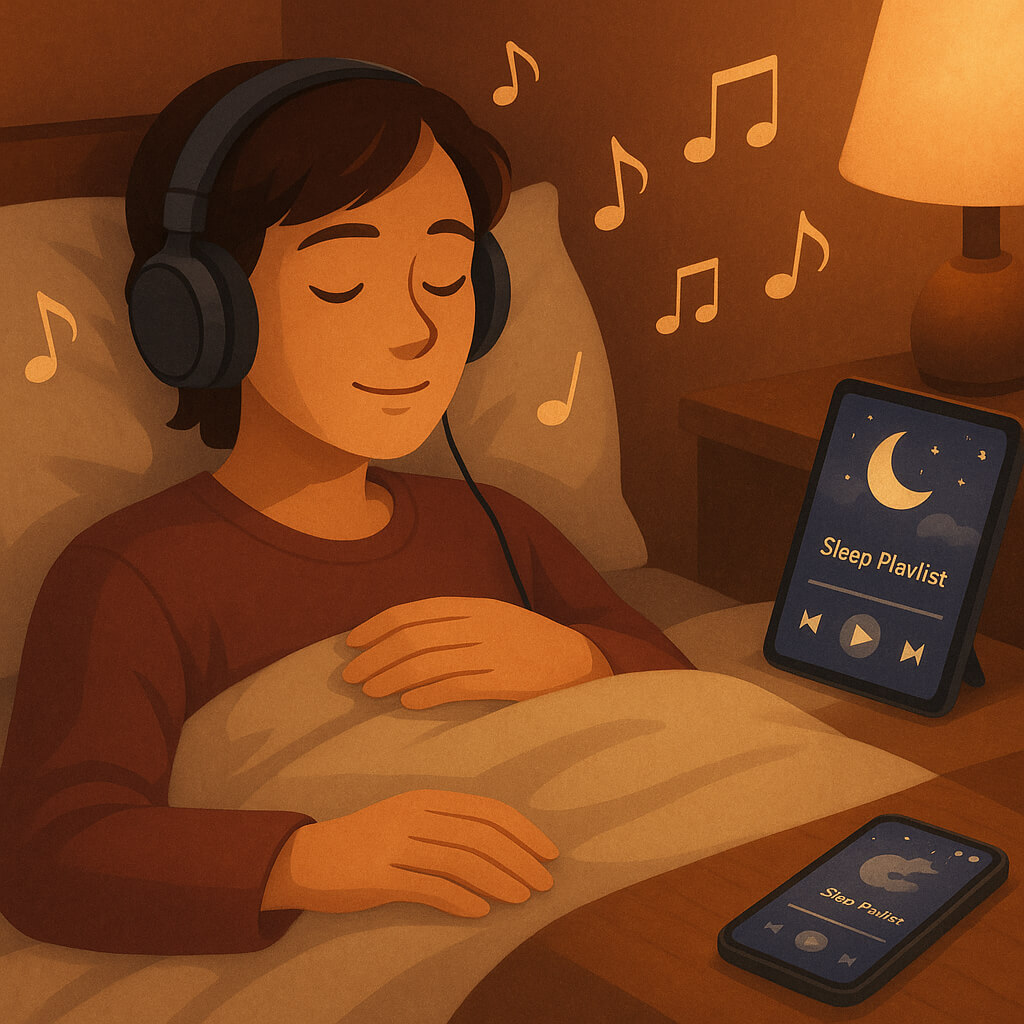 Person listening to relaxing sleep music in bed with headphones, lights dim, promoting peaceful rest.