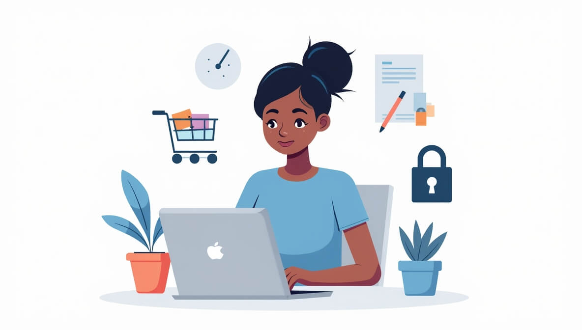 Entrepreneur reviewing e-commerce legal requirements on a laptop with online shopping icons around.