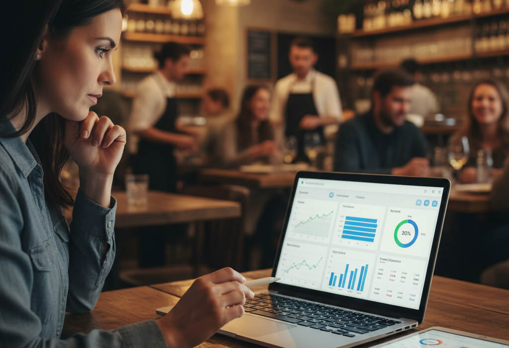Restaurant owner analyzing marketing ROI on laptop and tablet with revenue graphs and busy dining room in background.