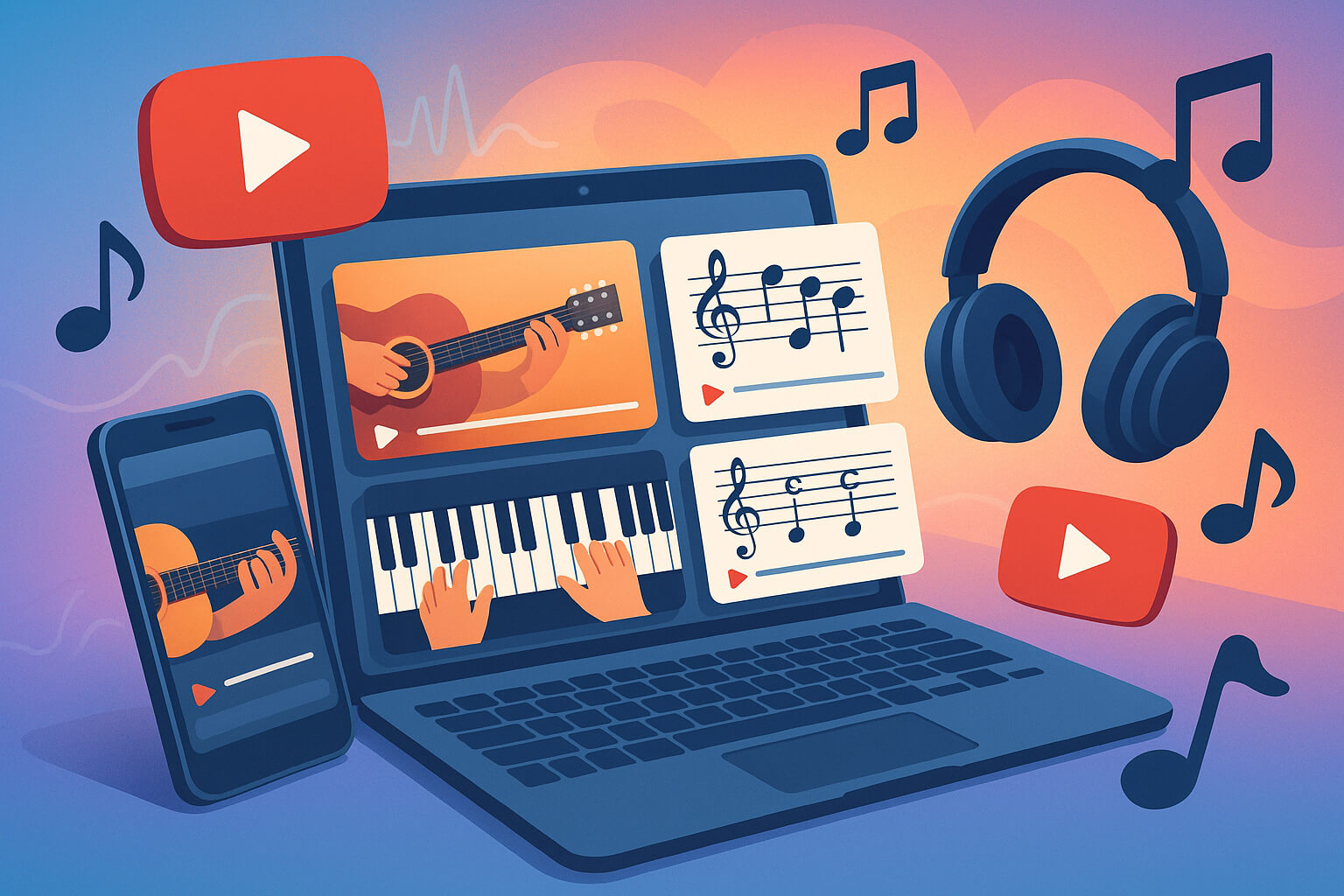 Laptop and smartphone displaying music tutorial videos on YouTube with floating musical notes and play buttons, representing online learning for beginner musicians.