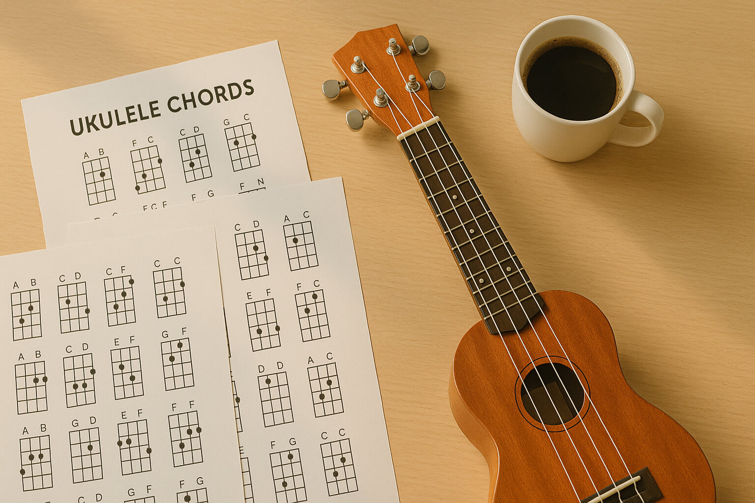 Ukulele and printed chord sheets on a desk with coffee