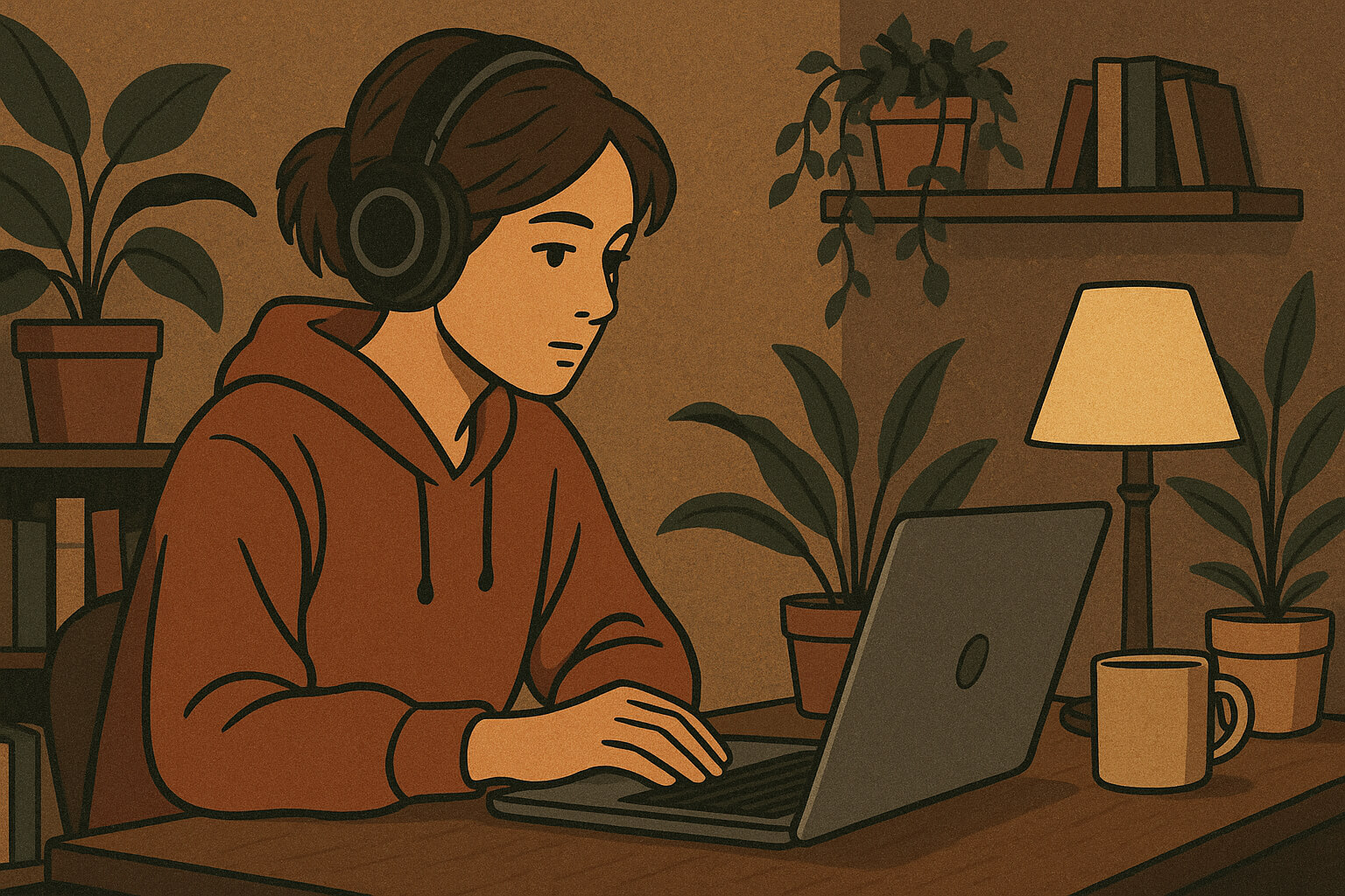 Person working with headphones on, listening to focus-enhancing music in a cozy, well-lit environment.