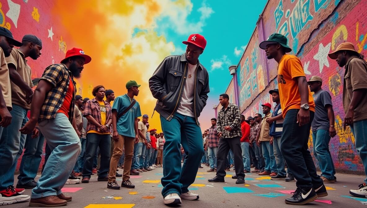 Collage of hip-hop history from 1970s Bronx block parties to modern global performances.
