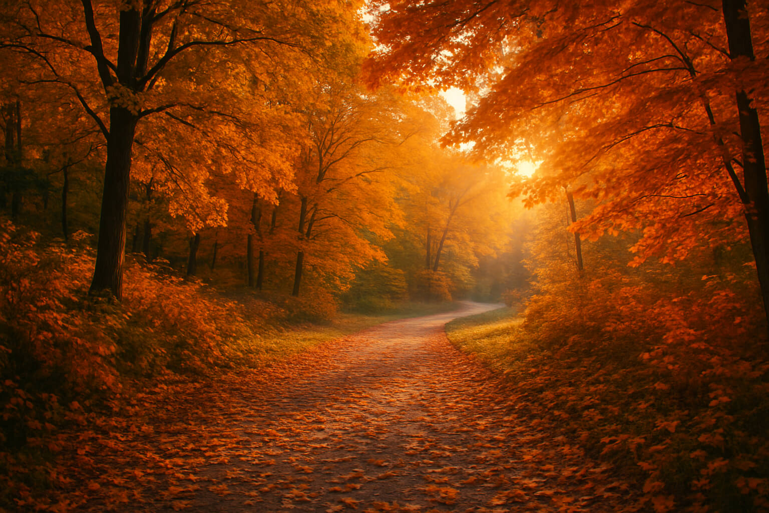 Autumn landscape with vibrant red and yellow trees and a leaf-covered trail during golden hour.