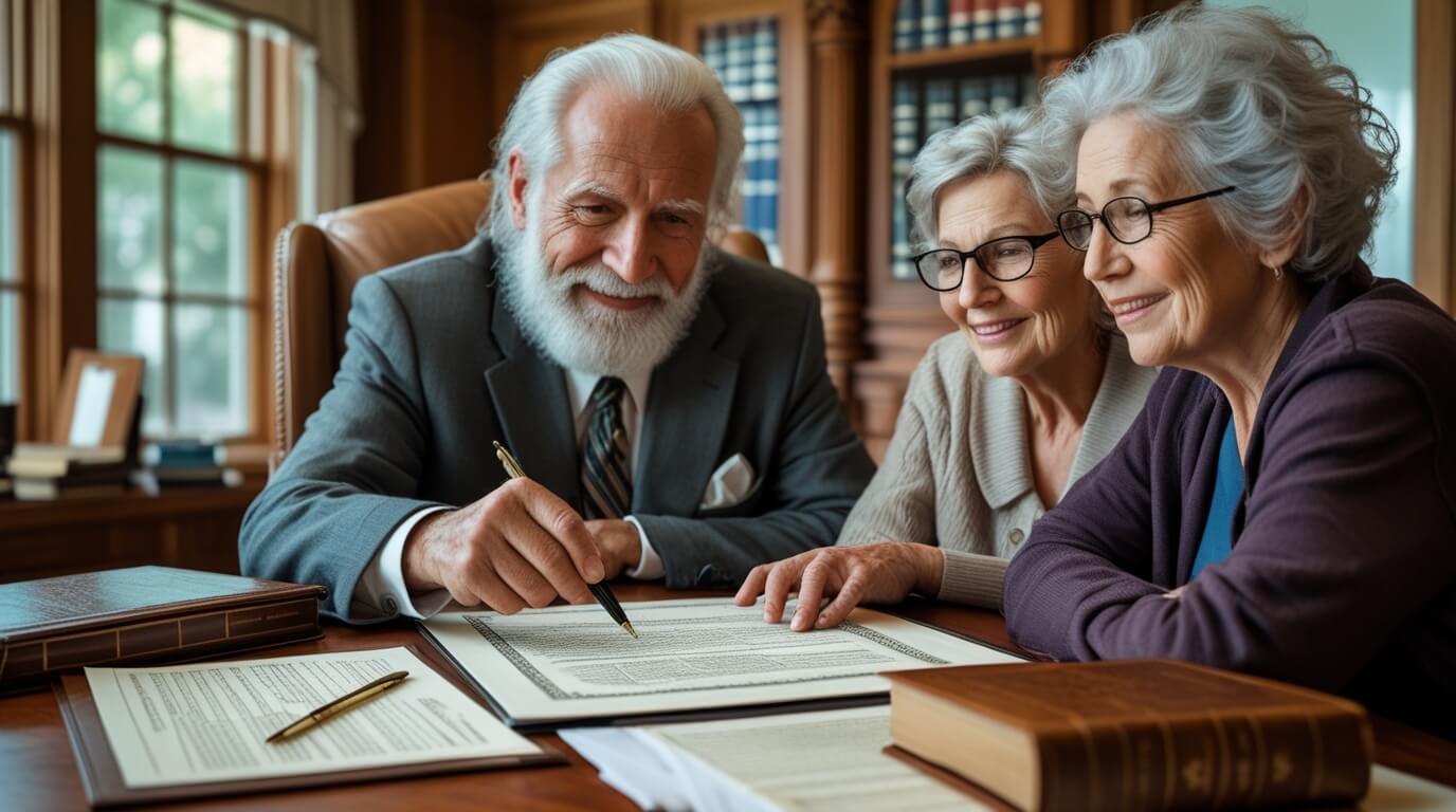 Elder law attorney discussing a customized will with an older couple.