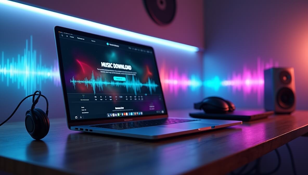 Safe and legal music downloading setup with laptop, headphones, and music waveforms