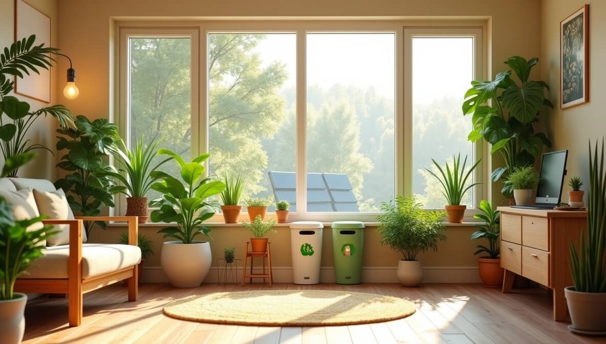 Eco-friendly home with solar panels, LED lighting, recycling bins, and indoor plants representing simple ways to reduce carbon footprint.