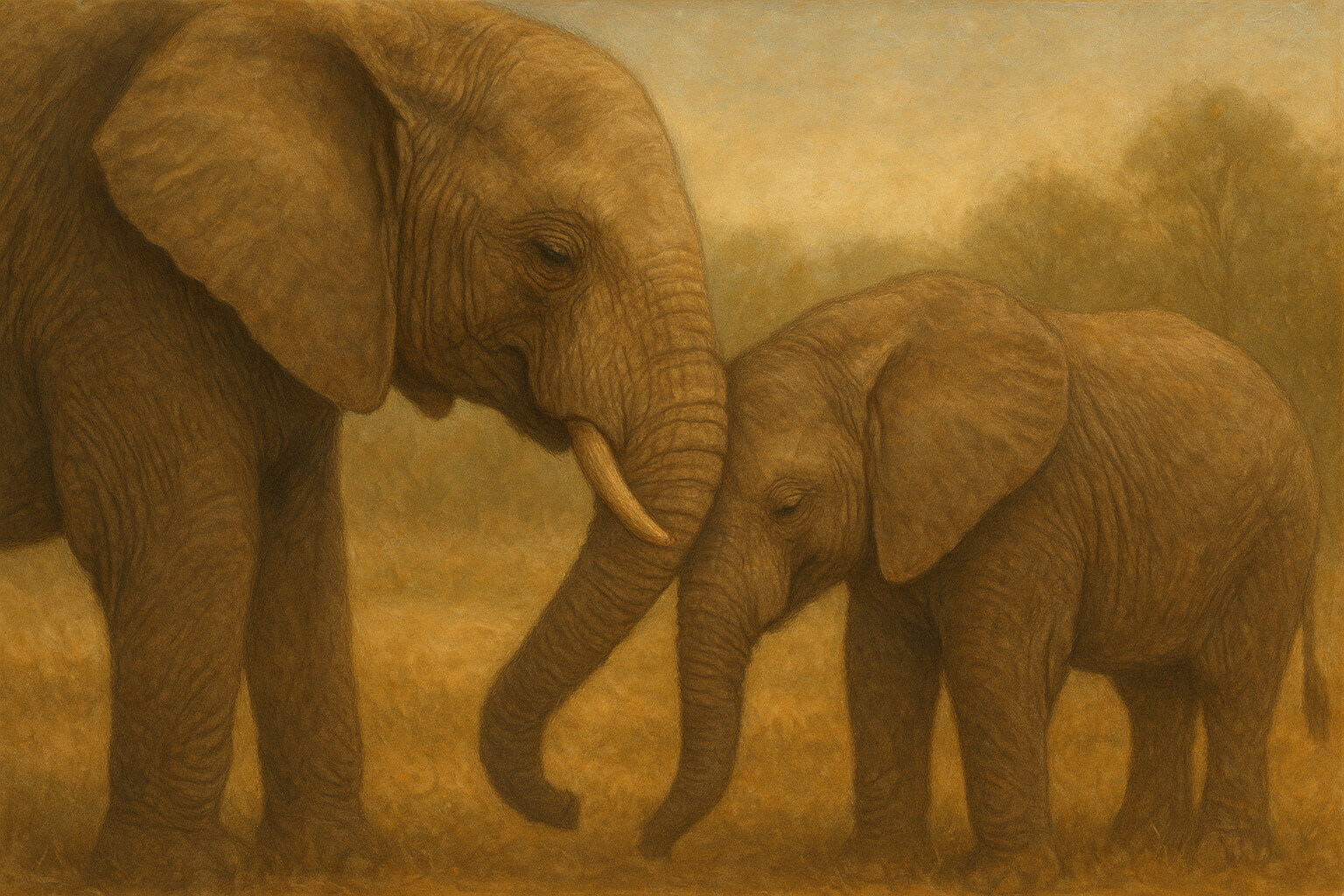 A close-up of an elephant gently touching another elephant’s face with its trunk, symbolizing empathy and emotional connection.