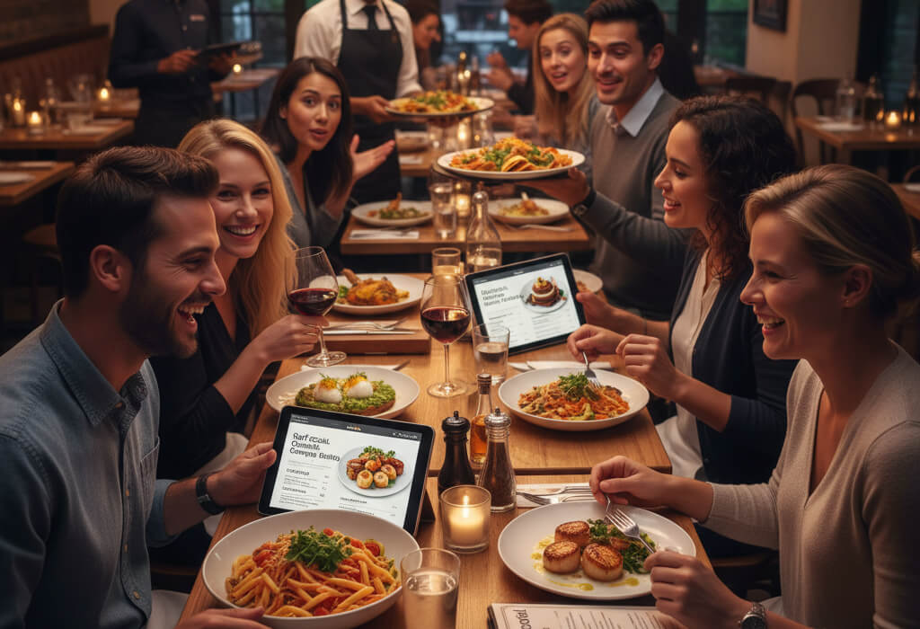 Diners enjoying meals in a restaurant with emotional expressions, colorful dishes, and digital menus illustrating how emotions influence food choices.