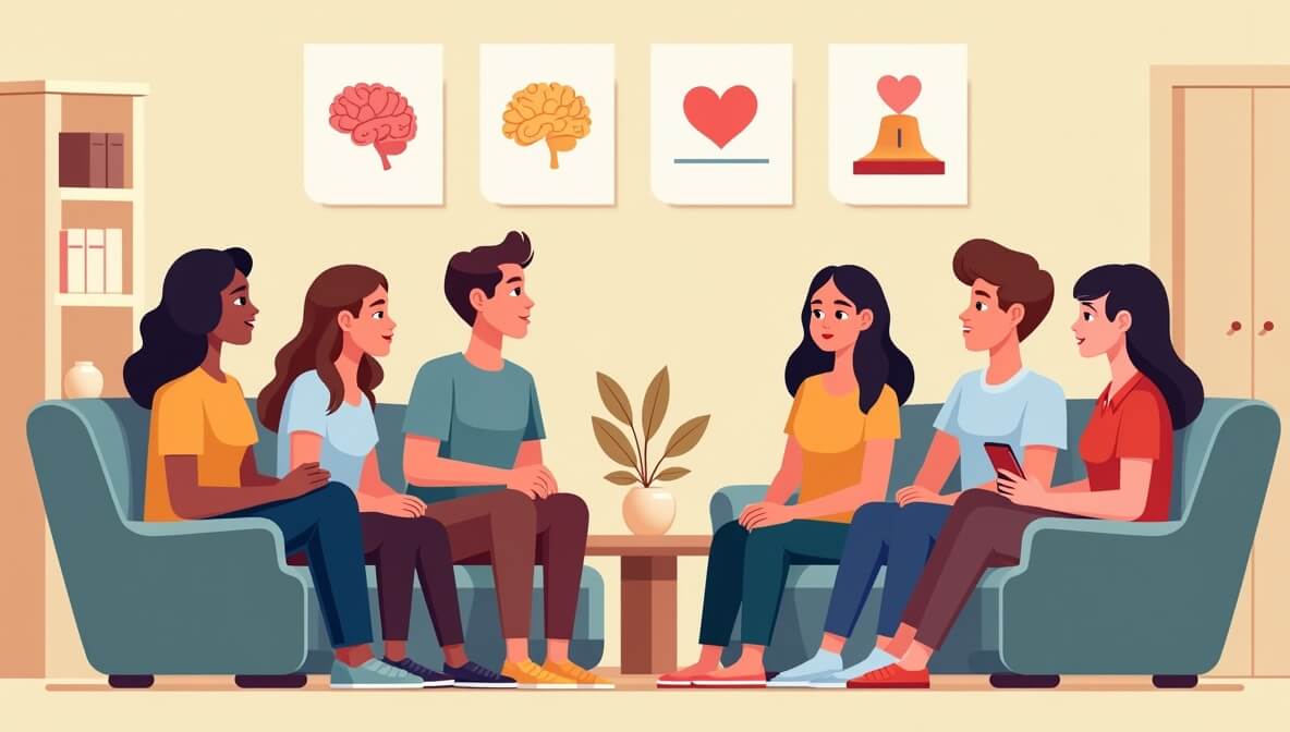 People engaging in mental health support and mindfulness activities in a calm, supportive environment.