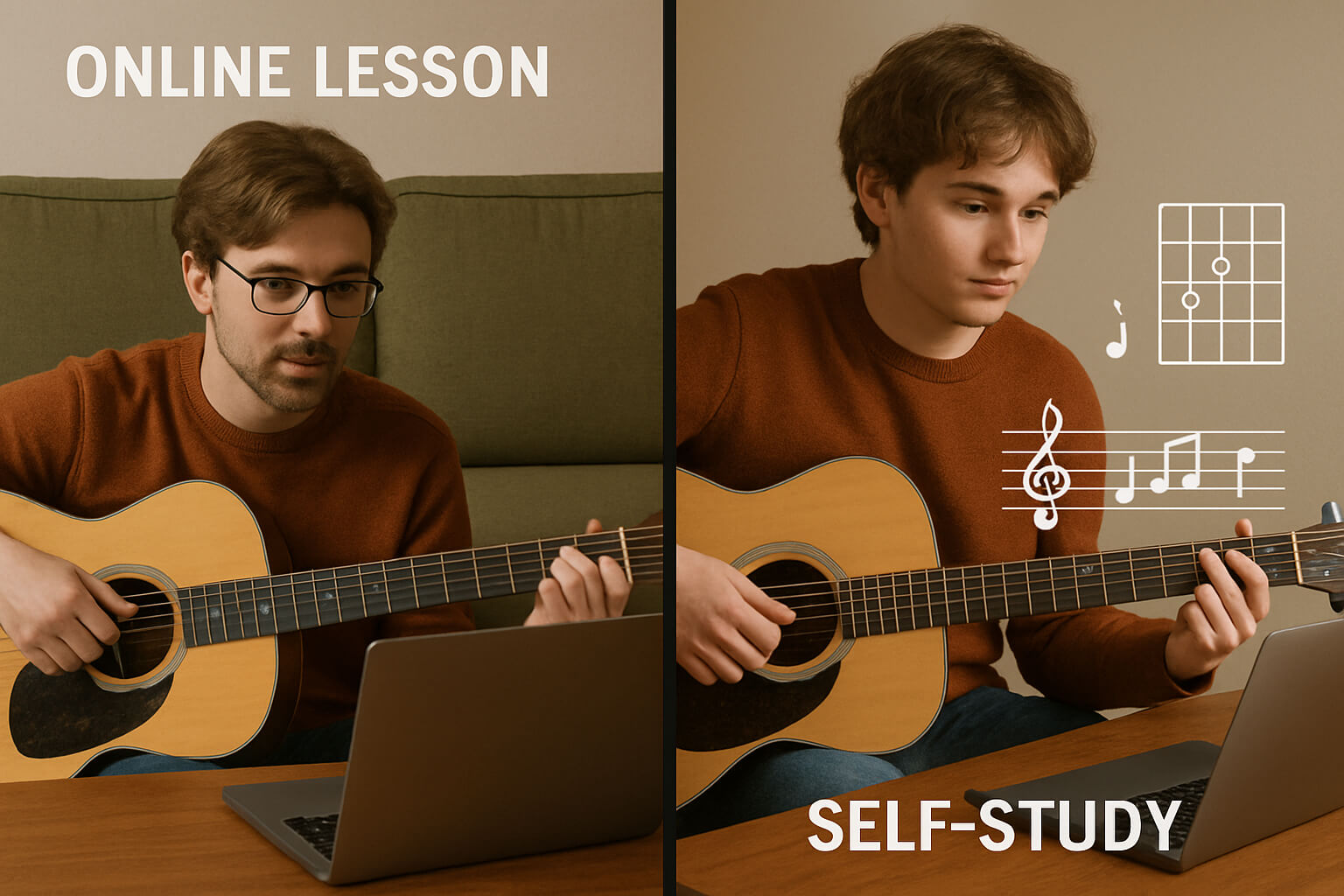 Comparison of learning music with a teacher vs self-teaching, showing structured lessons and independent practice environments.