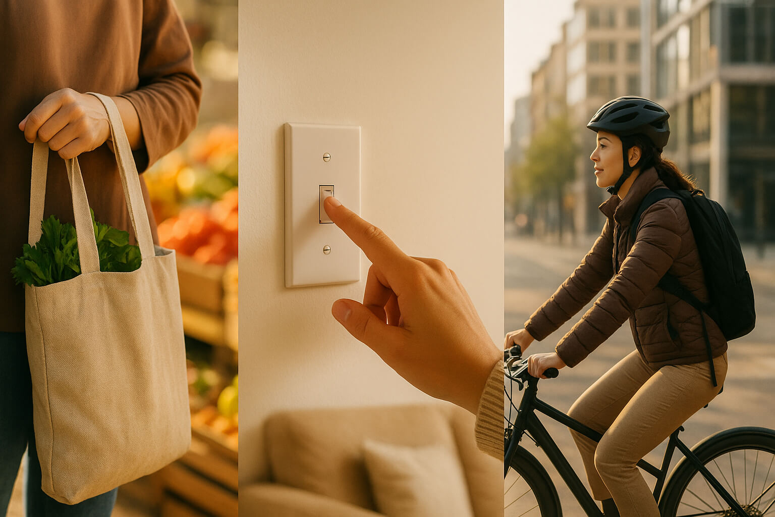 A collage of sustainable lifestyle choices including reusable shopping, energy savings, and eco-friendly transportation.