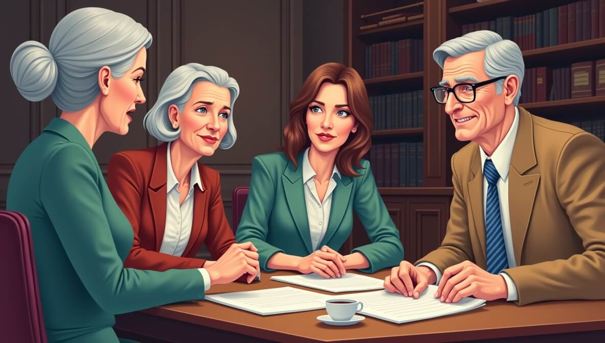 Elder law attorney discussing asset protection with senior clients and family, with trust documents on the desk.