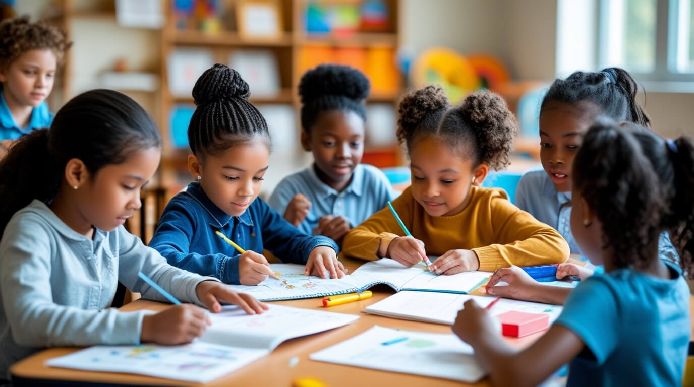 Children in an after-school program engaging in homework help, arts, and group activities with supportive mentors.