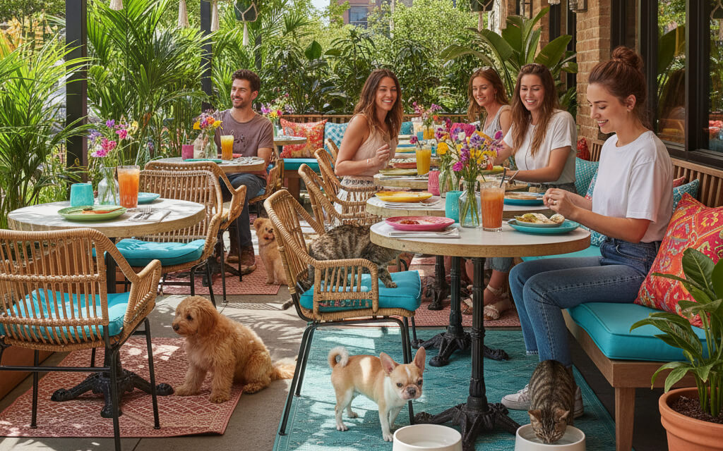 Outdoor restaurant seating with pet-friendly design, dogs and cats enjoying bowls, and diners interacting with their pets