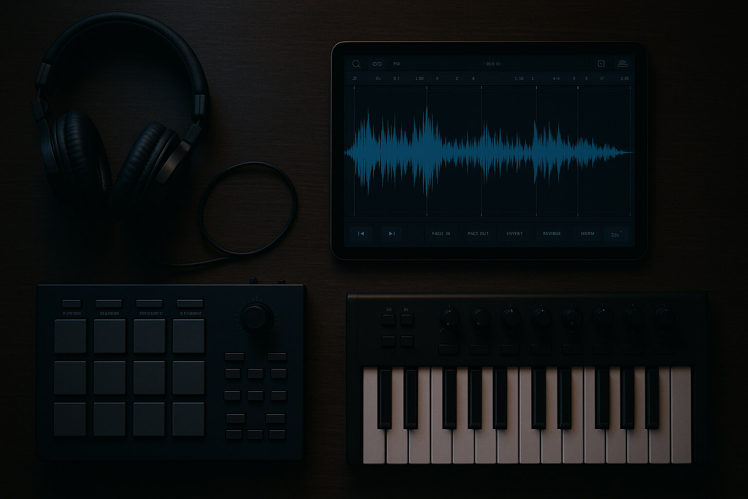 Hip-hop producer's desk with beatmaking gear and editing software.