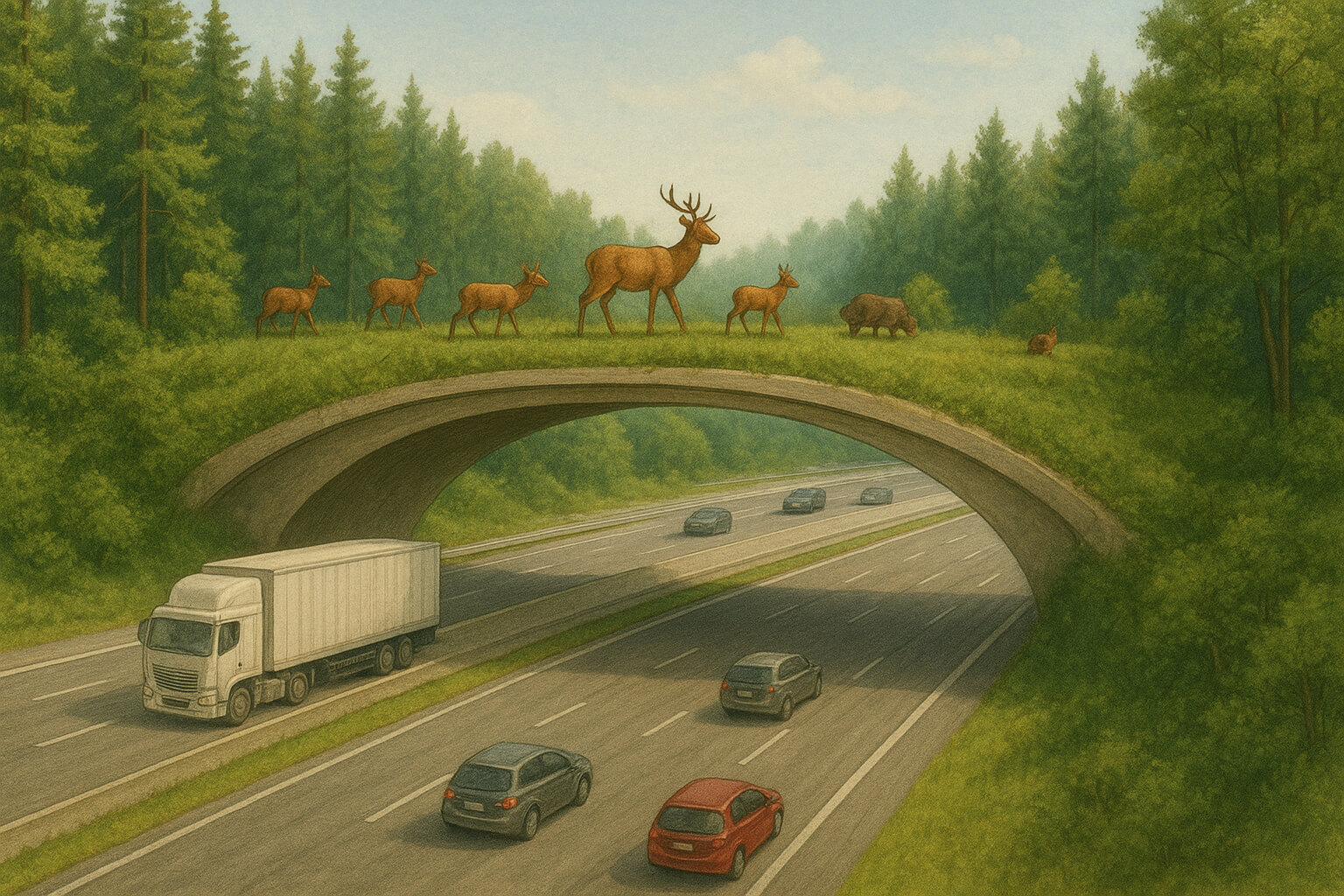 A wildlife overpass surrounded by lush forest, showing animals like deer and bears safely crossing above a busy highway.