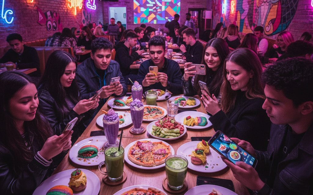 Gen Z diners enjoying a modern restaurant with digital menus, colorful dishes, and engaging social experiences.