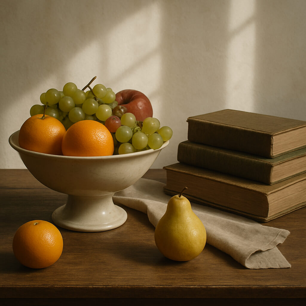Still life photo of fruit and books on a wooden table with soft natural lighting and artistic styling.